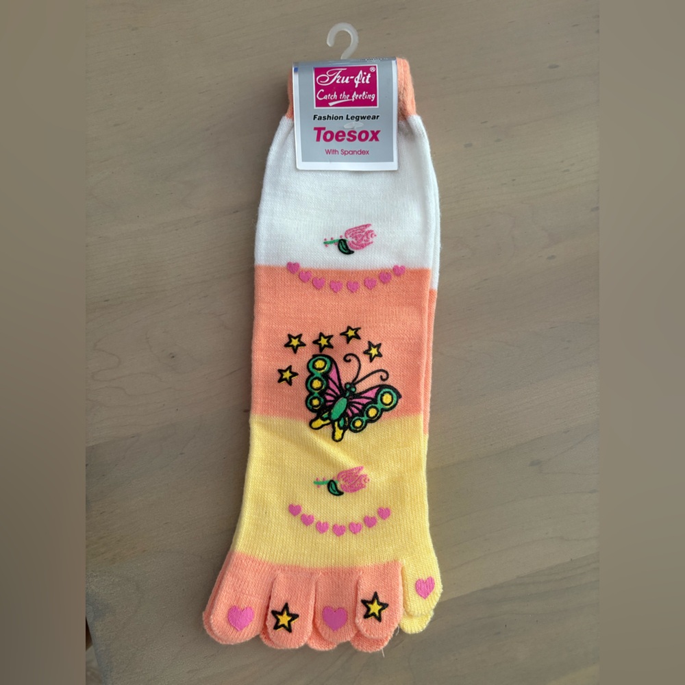 NWT ToeSox Multicolor Toe Socks with Butterfly & Flower Yellow Orange Pink